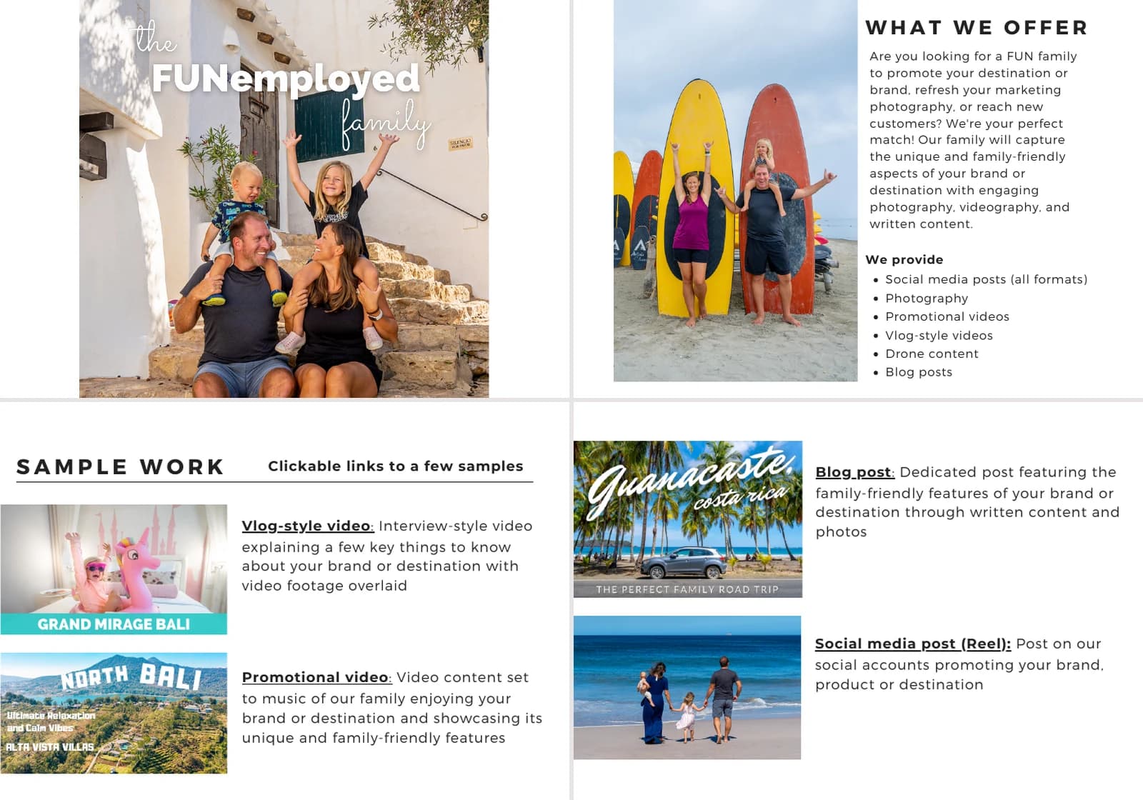 Portfolio de The FUNemployed Family con fotografías de viajes en familia, servicios y ejemplos de vídeos, artículos de blog y Reels.