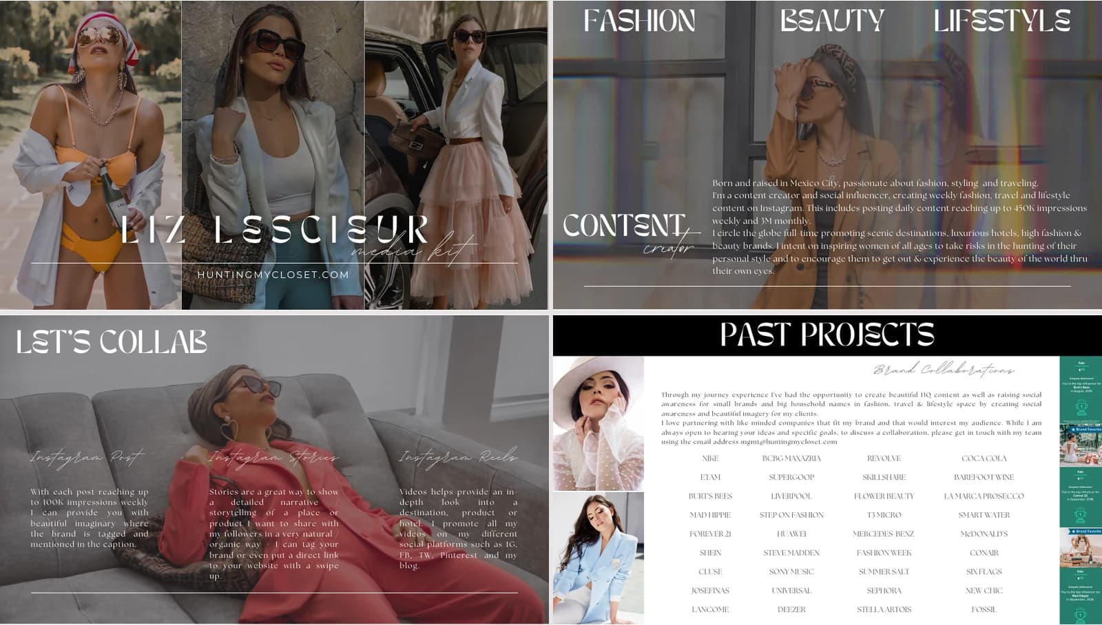 Portfolio de Hunting My Closet con fotografía de moda, presentación de la creadora, formatos de colaboración y proyectos anteriores.