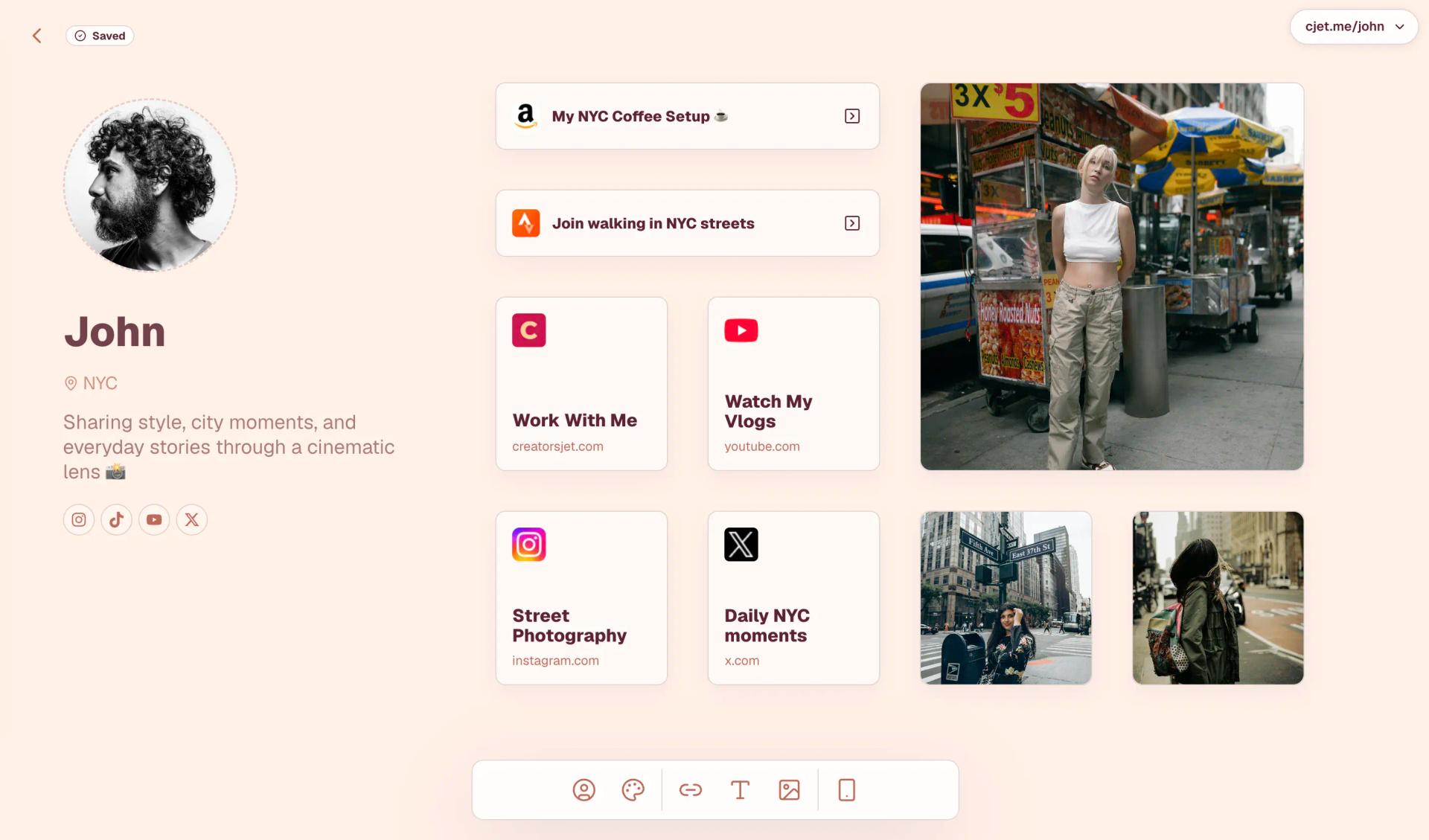 Page de lien en bio personnalisée CreatorsJet