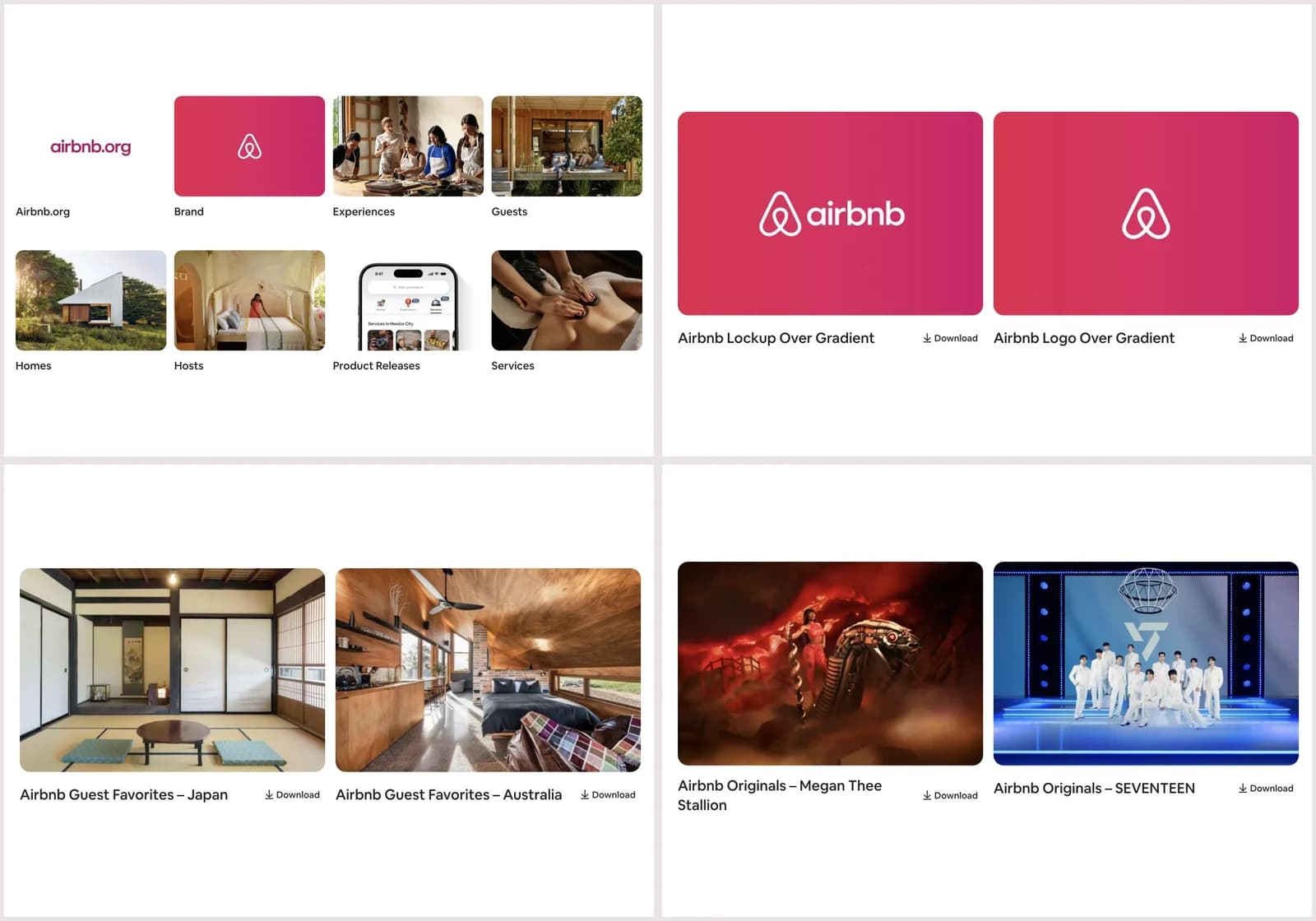 Airbnb media asset categories, logos, home photographs and experience imagery