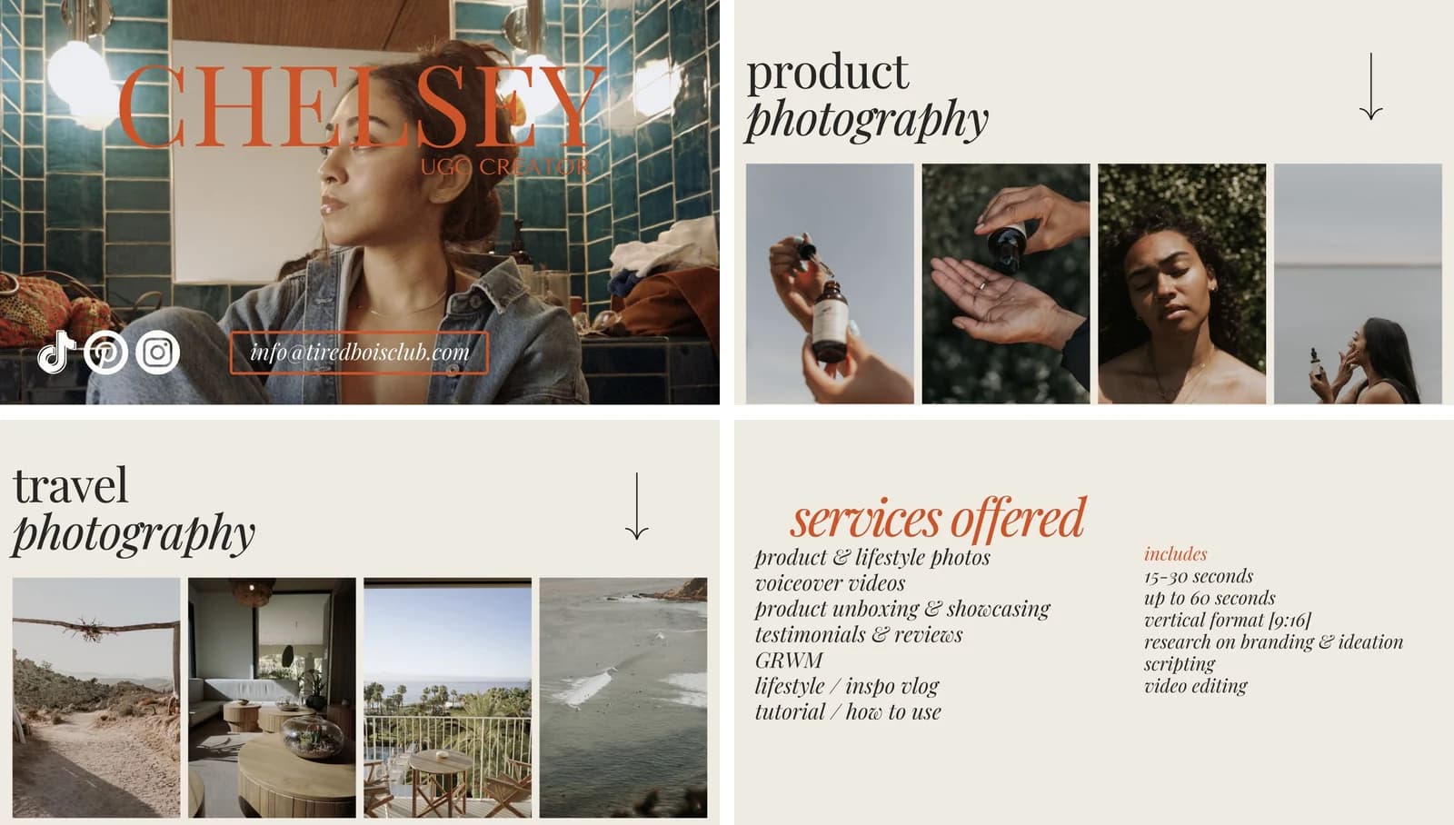Chelsey Marie’s UGC portfolio introduction, product photography, travel photography and services
