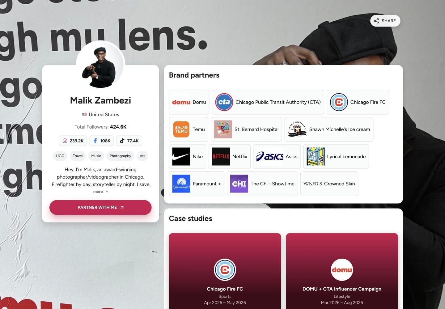 Media kit example from Malik Zambezi