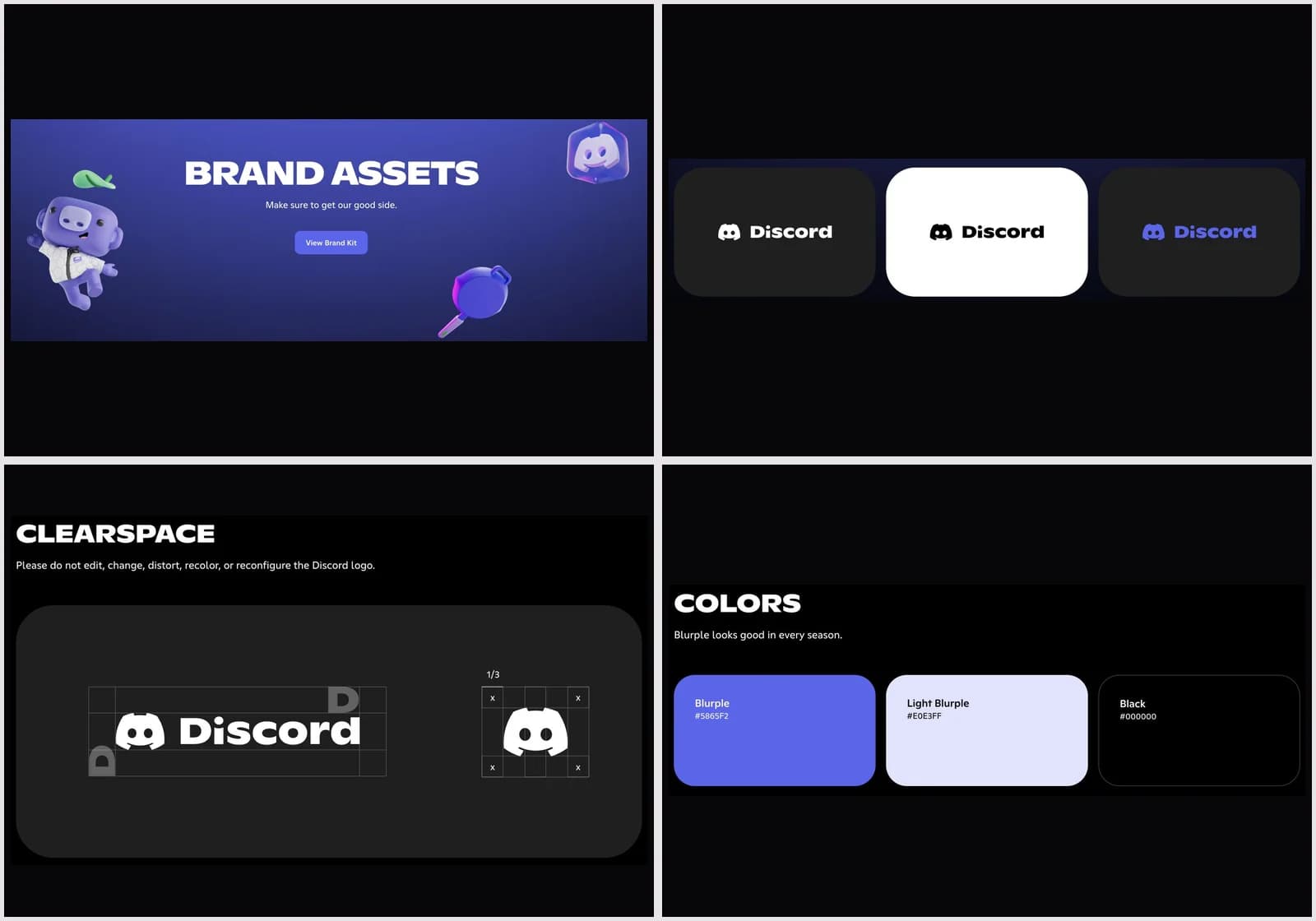 Discord brand assets, logo variants, clear-space diagram and color palette
