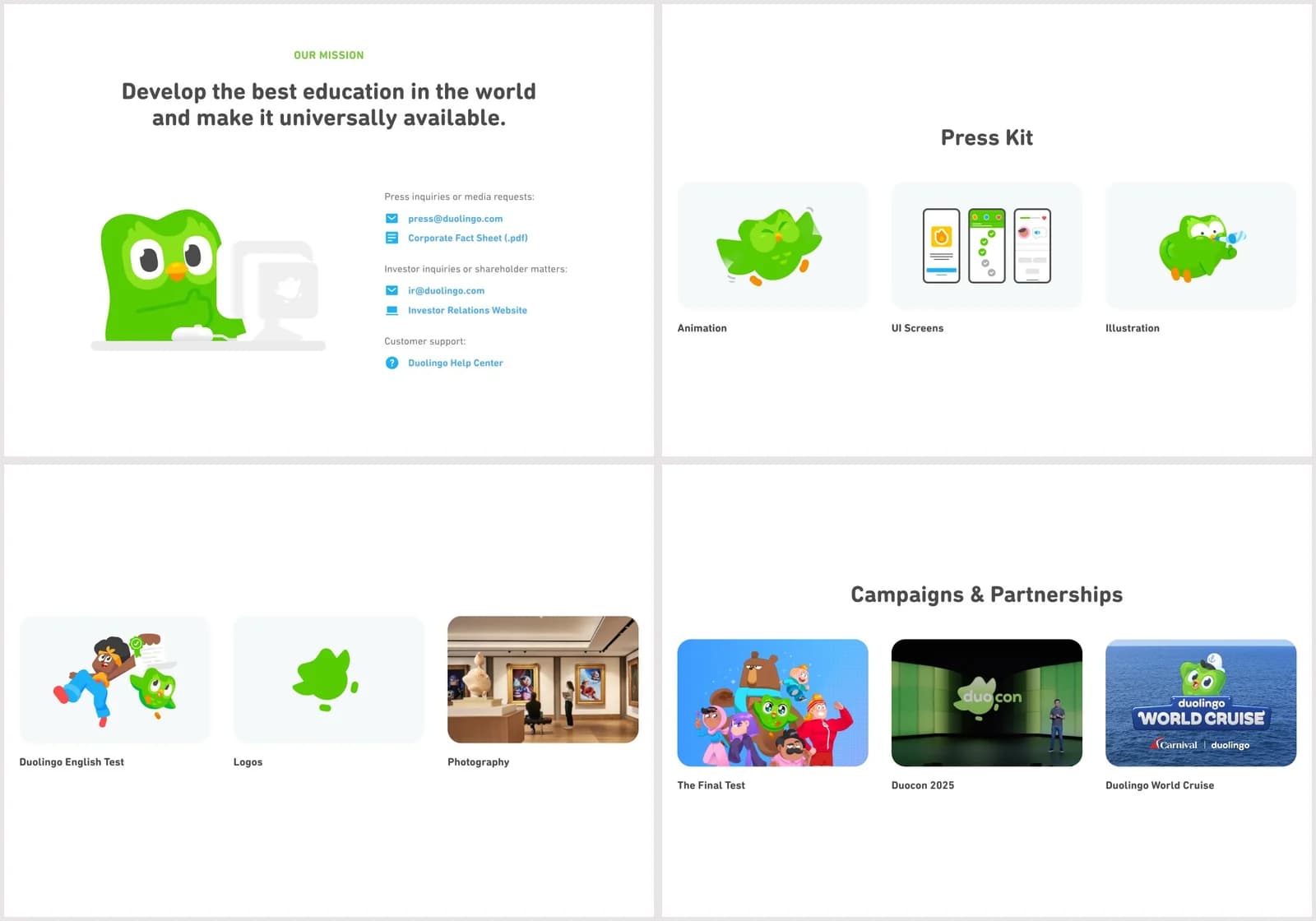 Duolingo mission and contact details, press kit assets and campaign collections