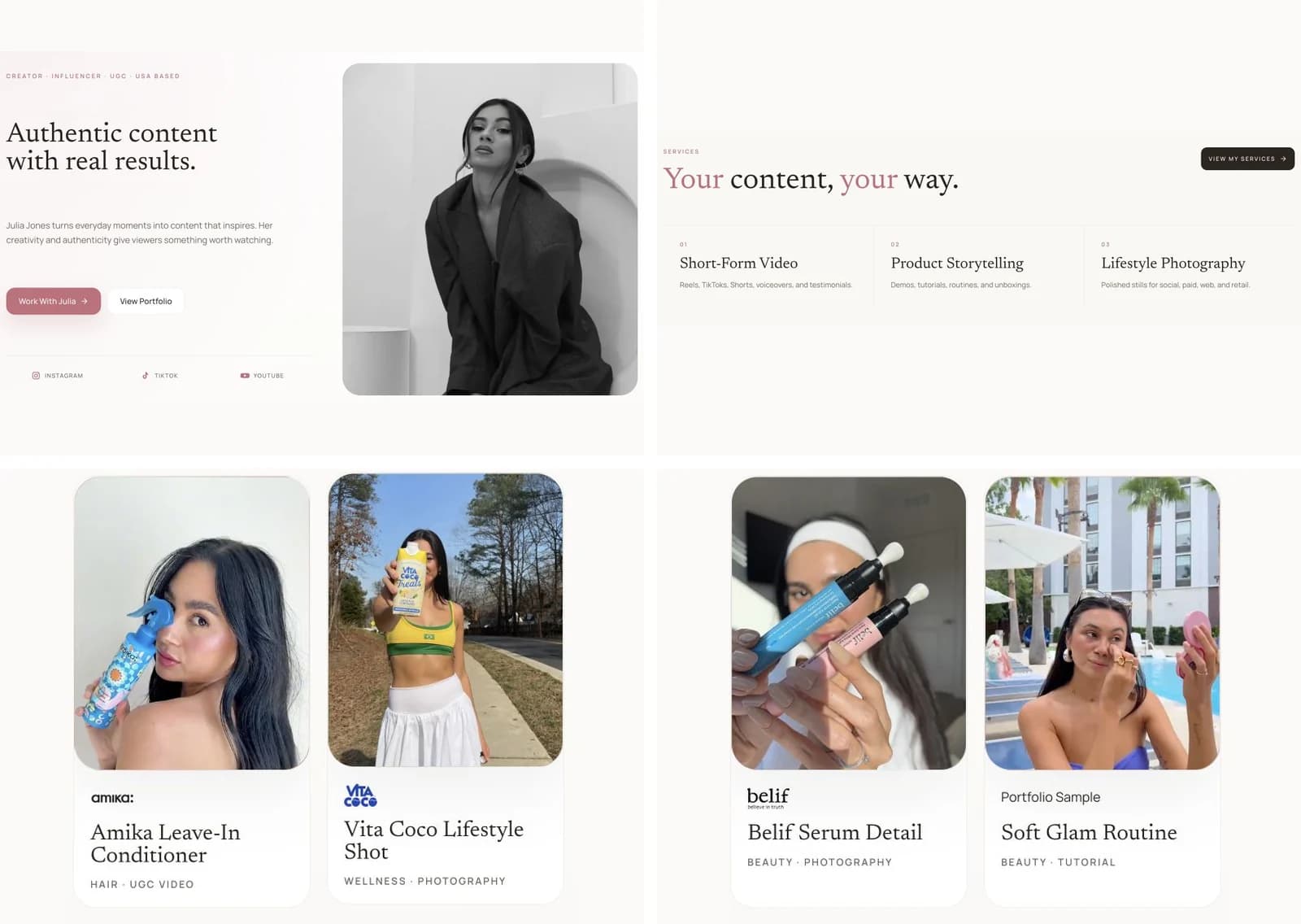 Julia Jones’s UGC portfolio introduction, services and labeled beauty and lifestyle projects