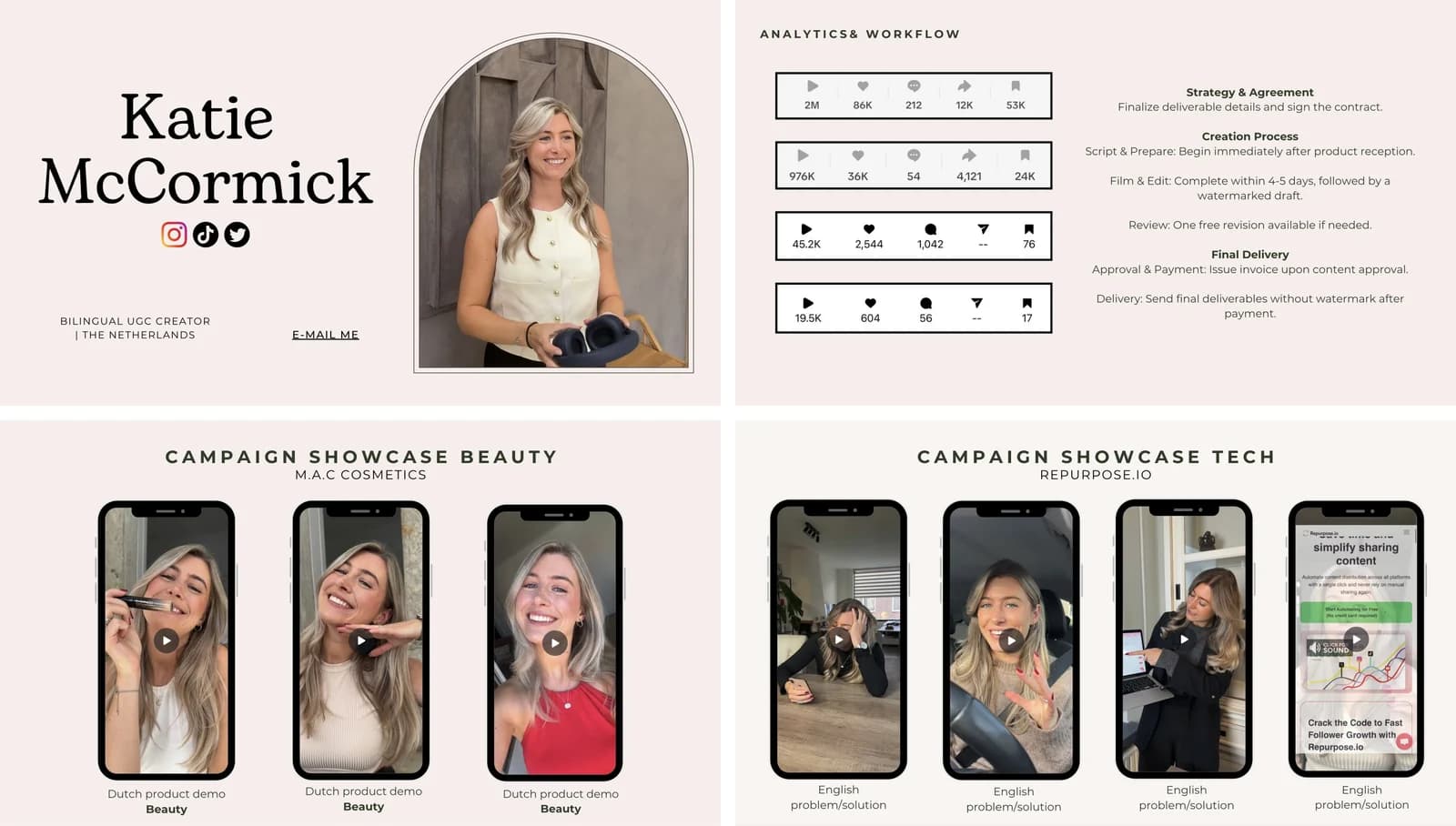 Katie McCormick’s UGC portfolio showing her introduction, workflow, Dutch beauty videos and English tech samples
