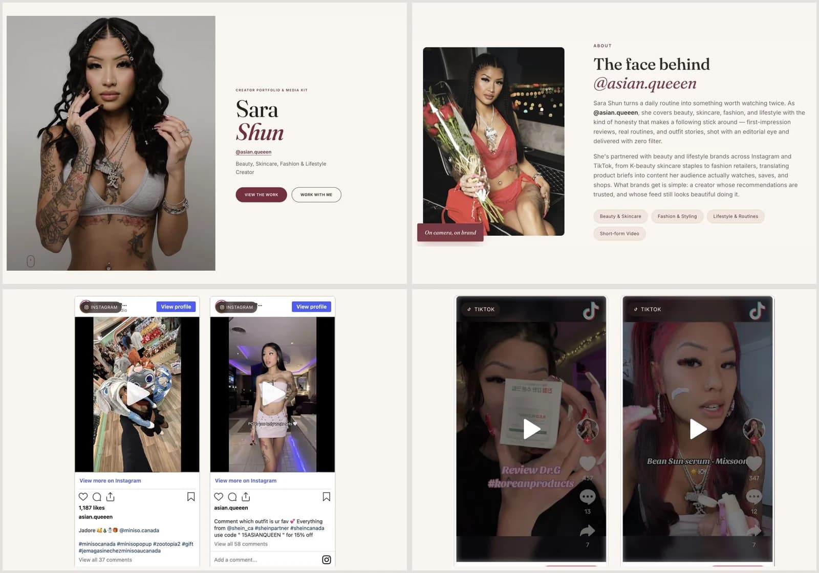 Sara Shun’s media kit introduction, creator bio and Instagram and TikTok campaign previews