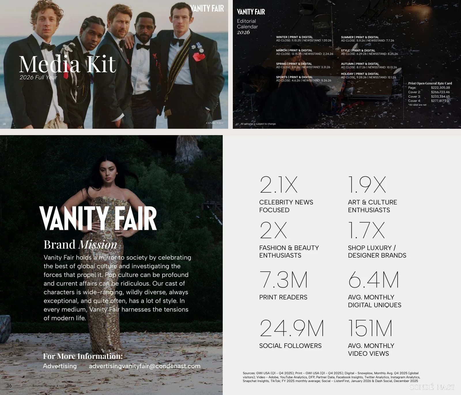 Vanity Fair media kit cover, audience spread and editorial calendar with rates