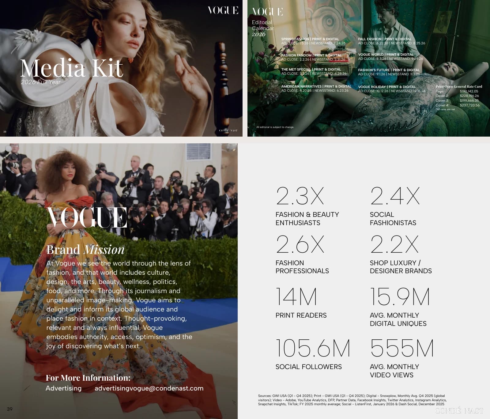 Vogue media kit cover, audience statistics and editorial calendar