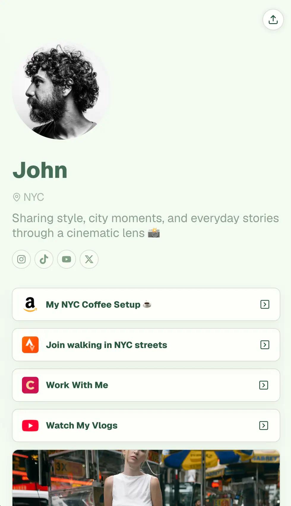 Page de lien en bio CreatorsJet optimisée pour mobile