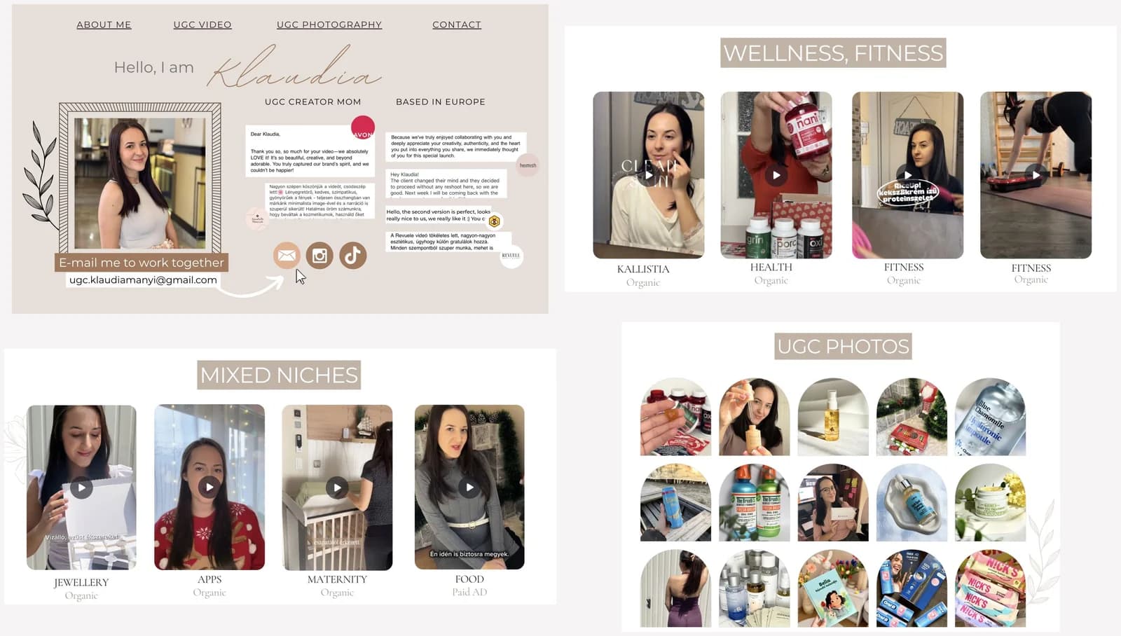 Portfólio de Klaudia com vídeos orgânicos e anúncios identificados, categorias e fotos de produtos.