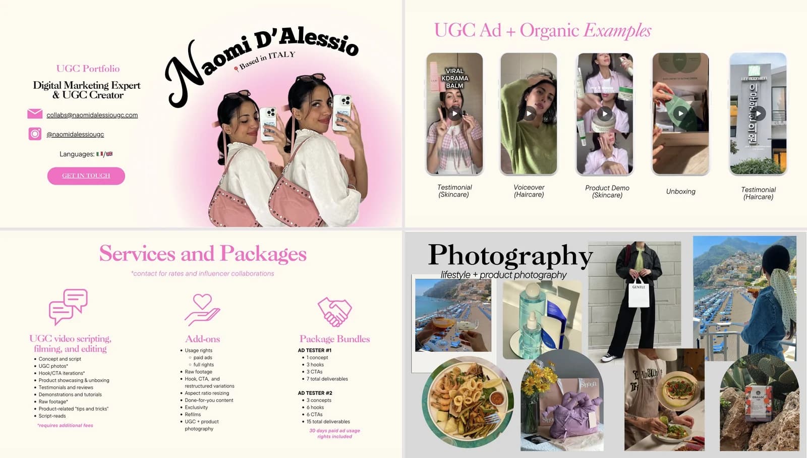 Portfólio de Naomi D’Alessio com apresentação, vídeos UGC por formato, pacotes para testar versões de anúncios e fotografias de produtos.