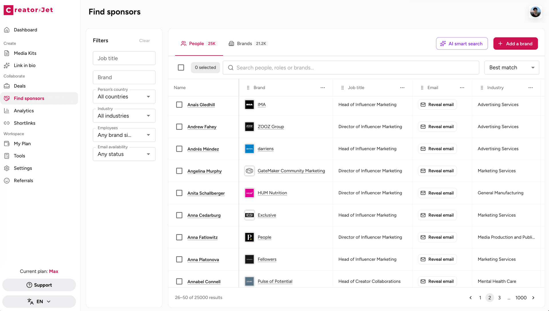 CreatorsJet Find Sponsors dashboard showing brand and influencer marketing contact search.