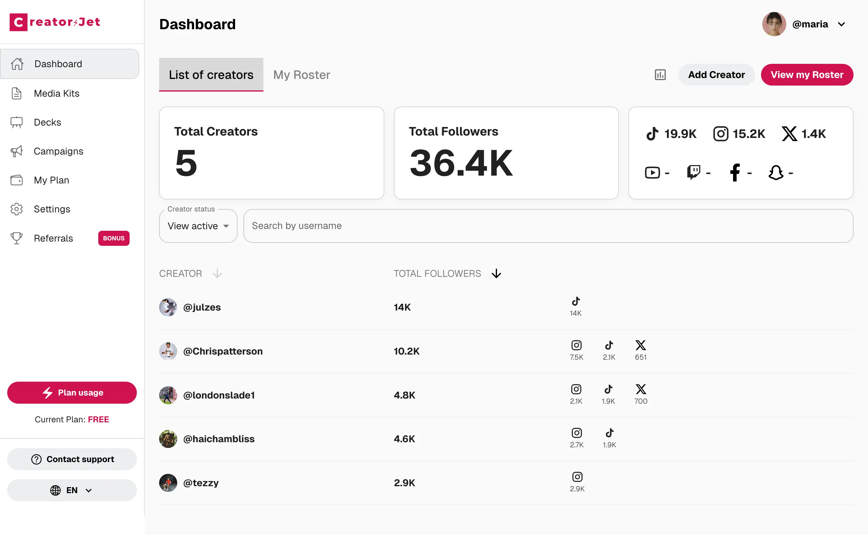 CreatorsJet Influencer CRM interface showing rosters, pitch decks, media kits, and campaign reports.